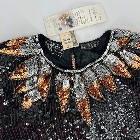 Vintage Royal Feeling Silk Sequin Evening Blouse Top NEW Small Black Silver Glam - Picture 5 of 11